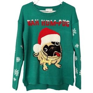 Rebecca Malone Womens Bah Hum-Pug Green Ugly Christmas Sweater Small Snowflake